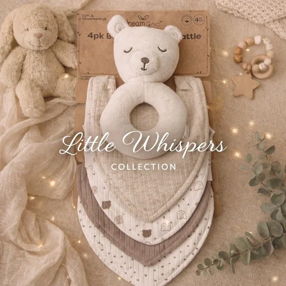 Dreamgro 4 Pack Baby Bandana Bib Set w/ Plush Bear Rattle Neutral NWT - Picture 1 of 5